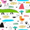 Seamless pattern with funny crocodiles, birds, lakes, mountains, decor elements. colorful vector for kids. Handmade flat style dra Royalty Free Stock Photo